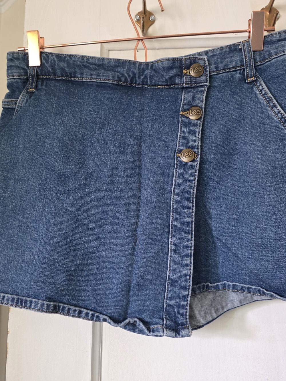 Lee Women's Denim Skort Size 14 Blue Jean Asymmetric Button Front Mini Skirt